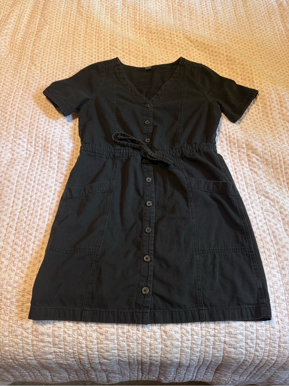 Old Navy Black Button-Front Cotton Dress with Tie Waist Size M
